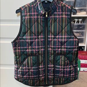 J. Crew Quilted Plaid Puffer Vest in Green, Pink & Yellow